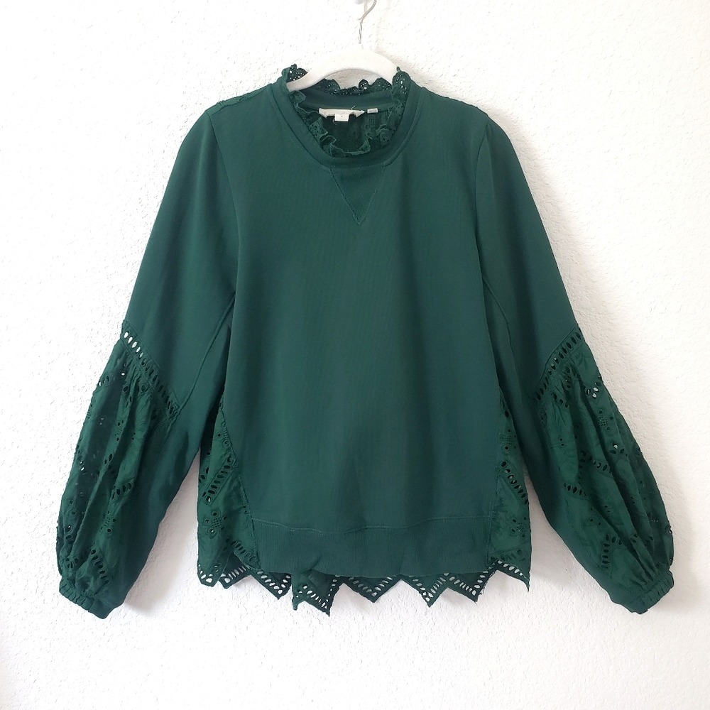 Anthropologie Forever That Girl Boho Green Lace Eyelet Sweatshirt Sweater S - Picture 2 of 16
